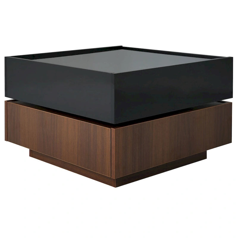 Square 360Rotating Coffee Table with 2 Drawers, Gloss 2-Tier Center Table with Storage, Side Table for Living Room
