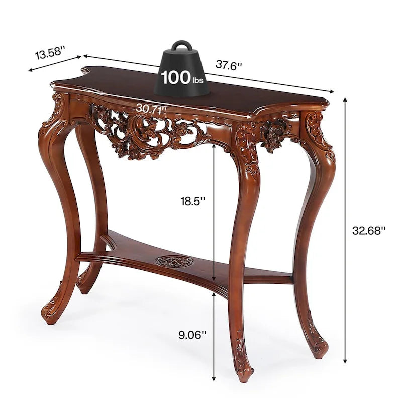 Vintage Carved Console Table with Storage Shelves Sofa Table