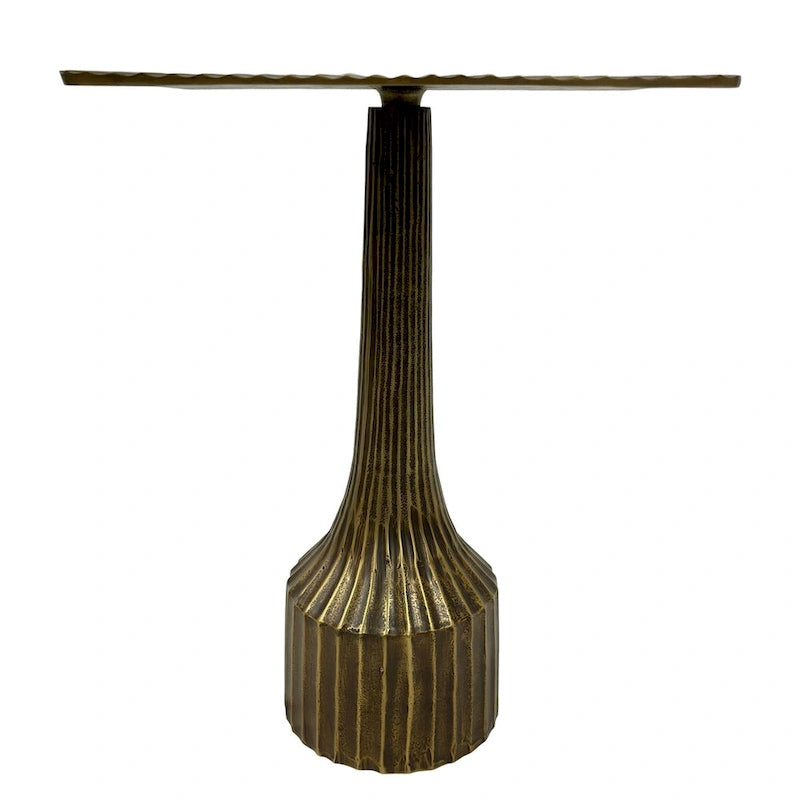 18 Inch Side End Table, Decorative Fluted Base, Square Top, Antique Brass Finish