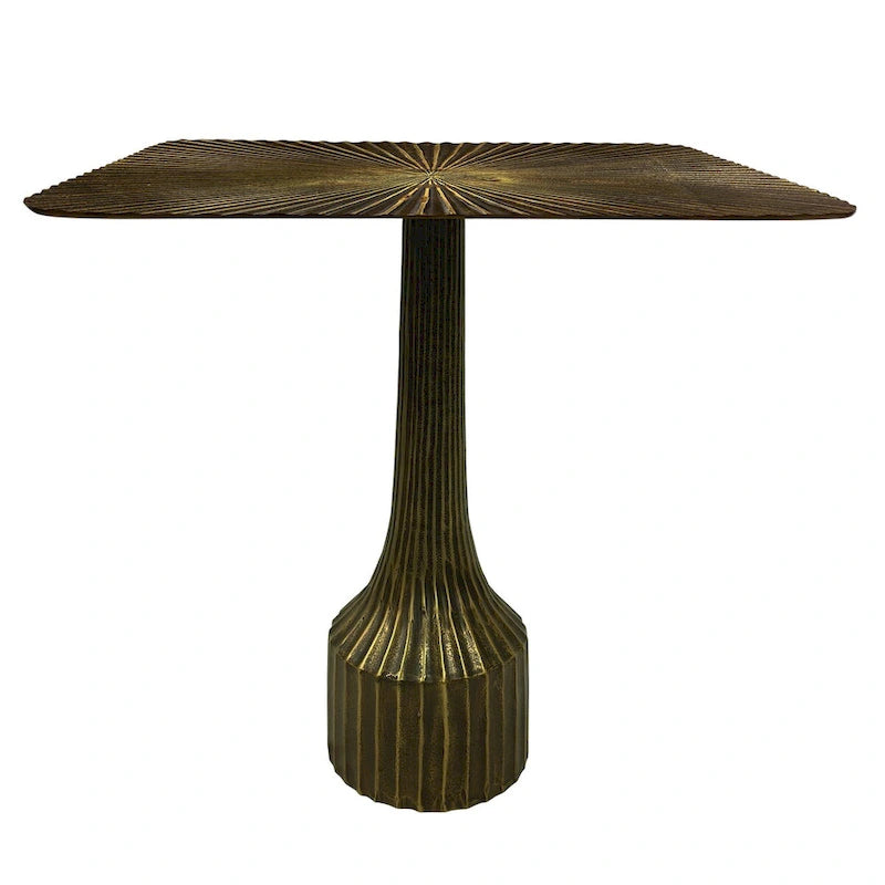 18 Inch Side End Table, Decorative Fluted Base, Square Top, Antique Brass Finish