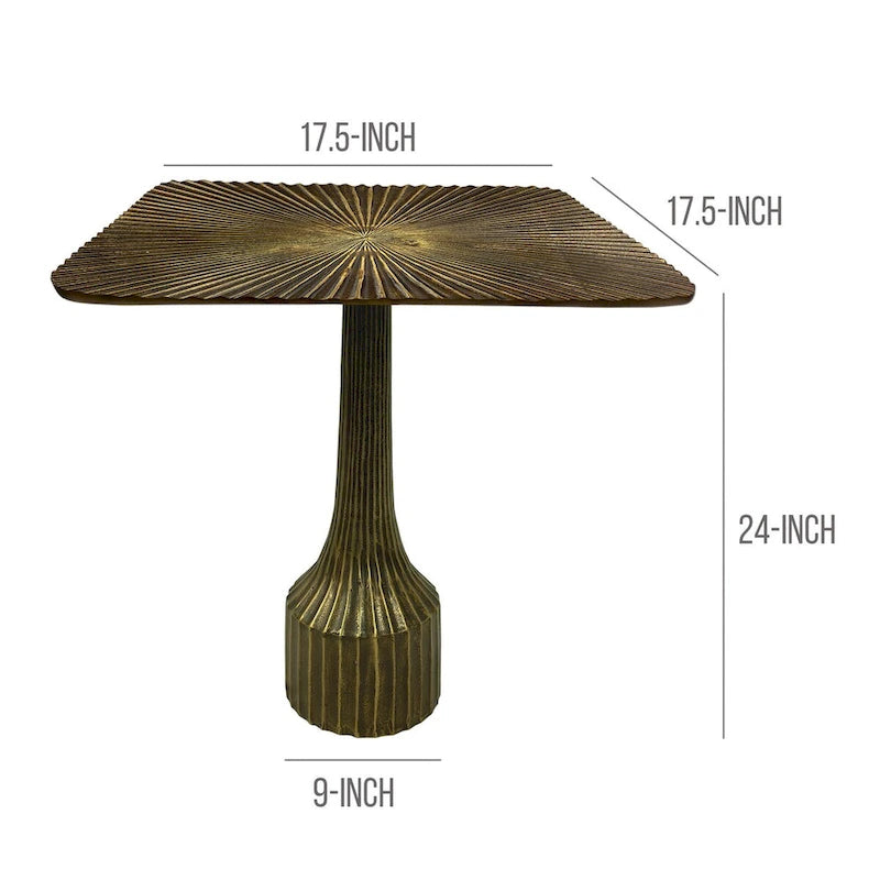 18 Inch Side End Table, Decorative Fluted Base, Square Top, Antique Brass Finish