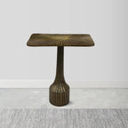 18 Inch Side End Table, Decorative Fluted Base, Square Top, Antique Brass Finish