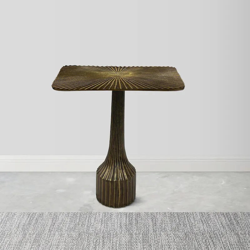 18 Inch Side End Table, Decorative Fluted Base, Square Top, Antique Brass Finish