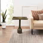 18 Inch Side End Table, Decorative Fluted Base, Square Top, Antique Brass Finish