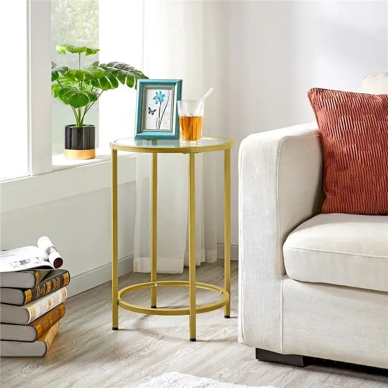Yaheetech Round Accent Table Bedside Table with Metal Frame Glass Top