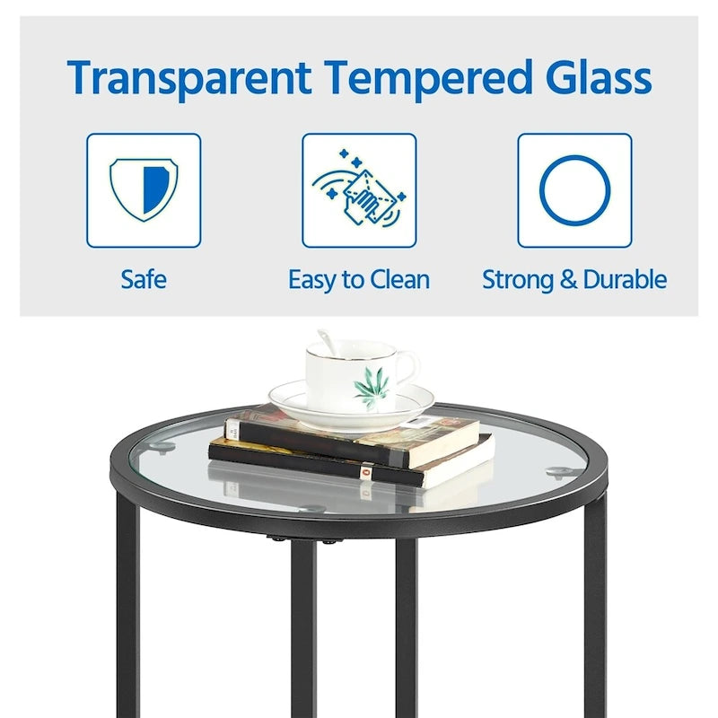 Yaheetech Round Accent Table Bedside Table with Metal Frame Glass Top