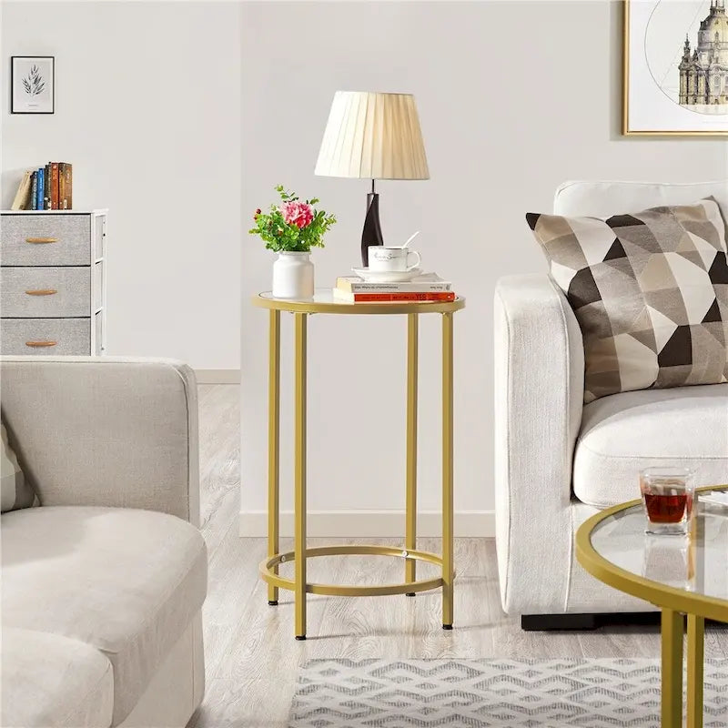 Yaheetech Round Accent Table Bedside Table with Metal Frame Glass Top