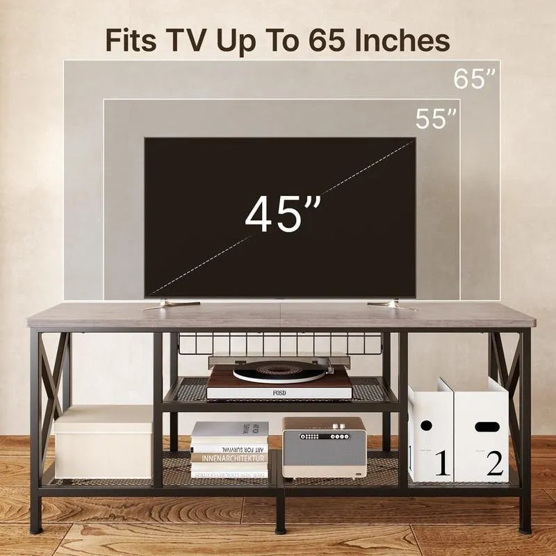 Industrial TV Stand TV Console for Televisions Bedroom with Open Storage Shelves