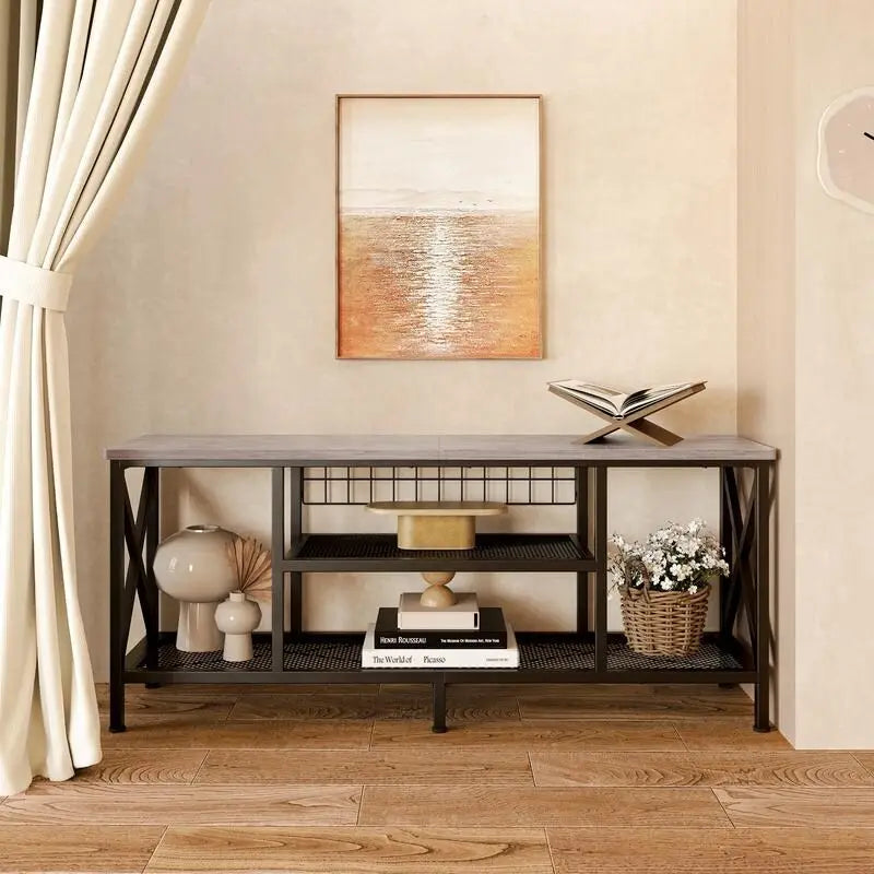 Industrial TV Stand TV Console for Televisions Bedroom with Open Storage Shelves