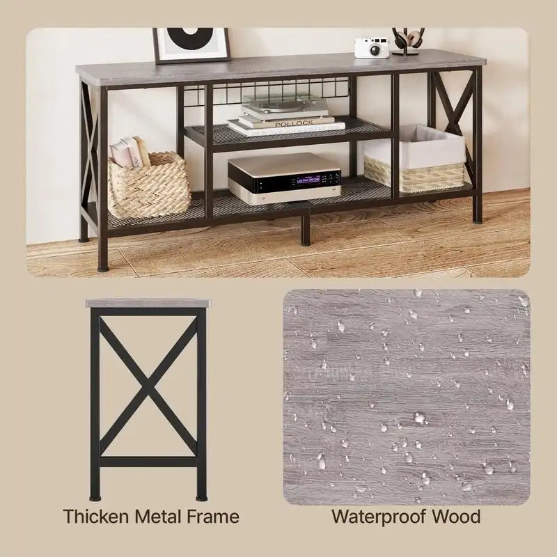 Industrial TV Stand TV Console for Televisions Bedroom with Open Storage Shelves