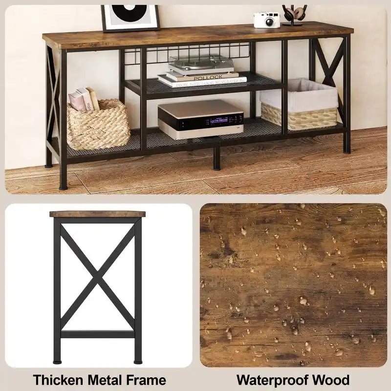 Industrial TV Stand TV Console for Televisions Bedroom with Open Storage Shelves