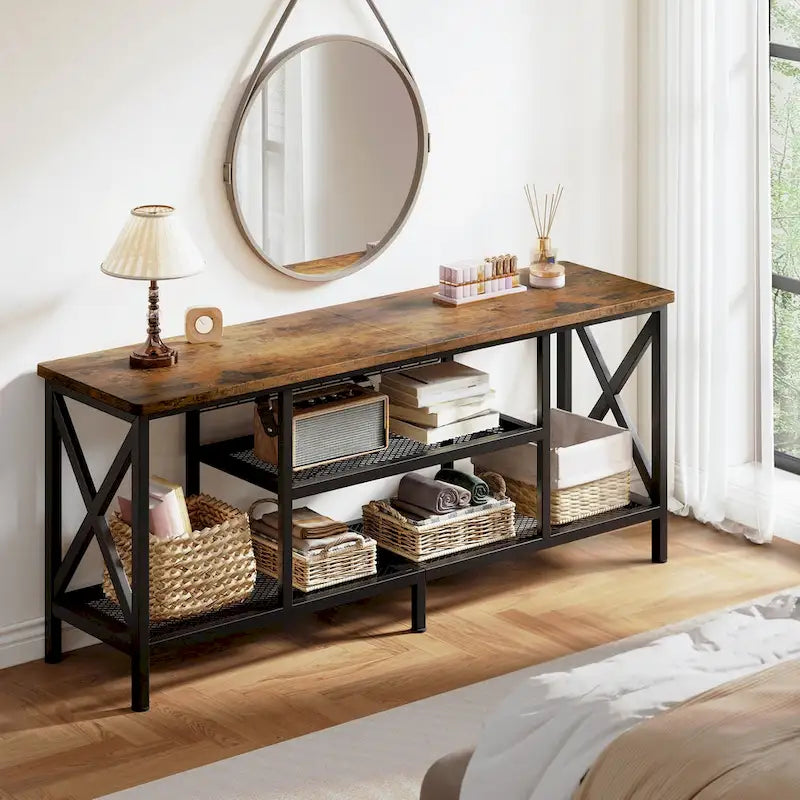 Industrial TV Stand TV Console for Televisions Bedroom with Open Storage Shelves