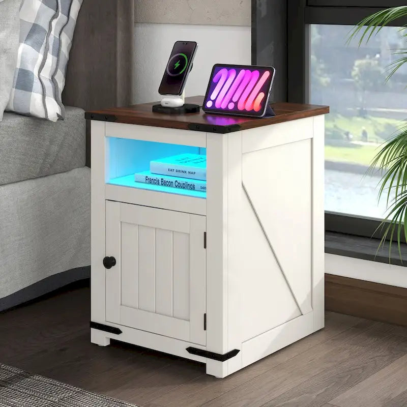 Moasis Set of 2 Farmhouse LED End Table with Charging Station Sofa Side Table USB Ports