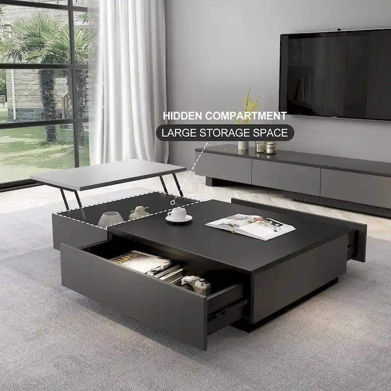 51.18 Lift Top Coffee Table with Hidden Storage Compartment and 2 Drawers
