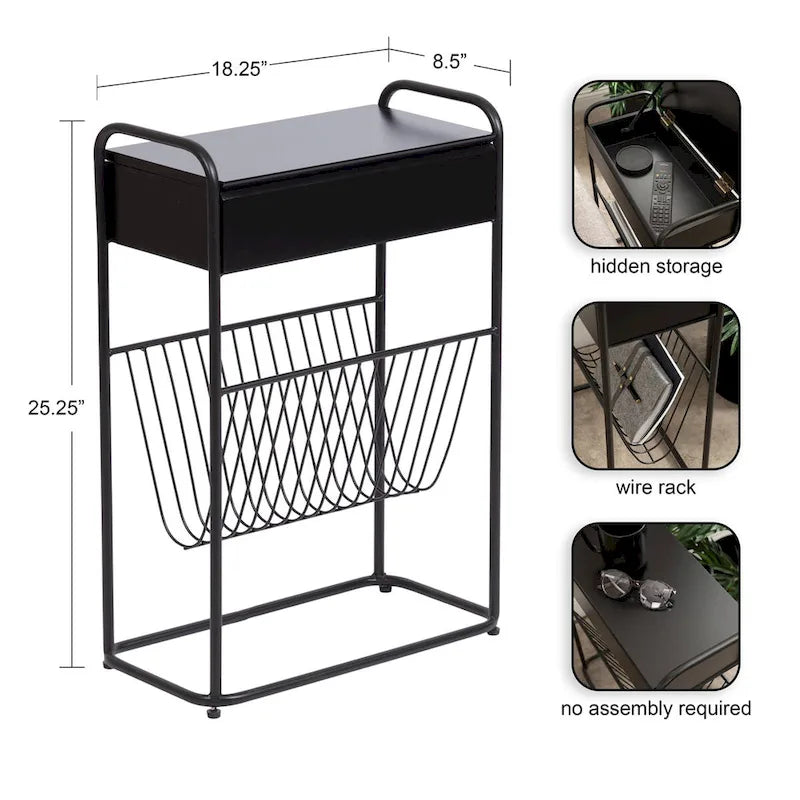 Black Metal Narrow Side Table - 19x9x26 Single User