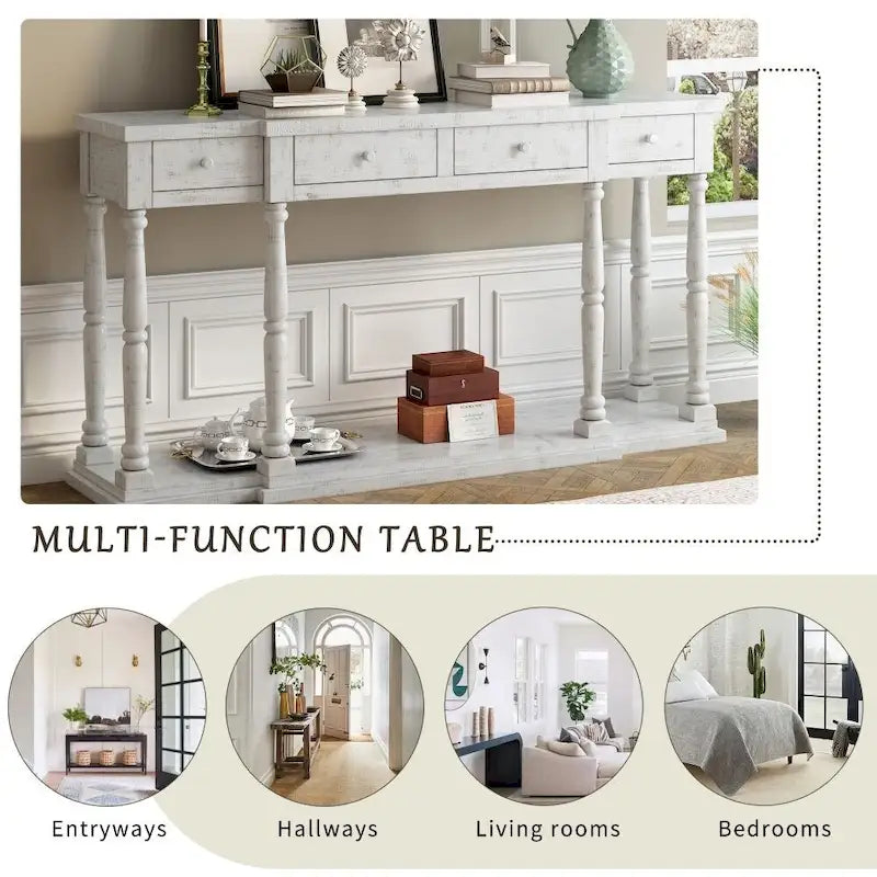 Antique Black Console Table - 63" with 4 Drawers & Shelf