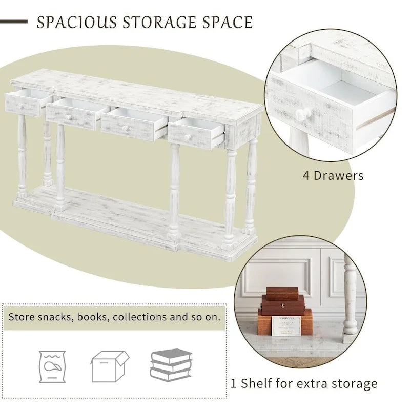 Antique Black Console Table - 63" with 4 Drawers & Shelf