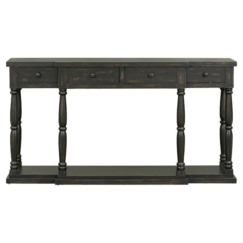Antique Black Console Table - 63" with 4 Drawers & Shelf