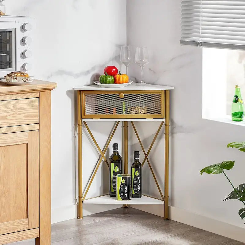 Javlergo Corner Table with Drawer and Storage Shelf, Triangle Freestanding Floor Cabinet for Kitchen, Living Room and Bedroom