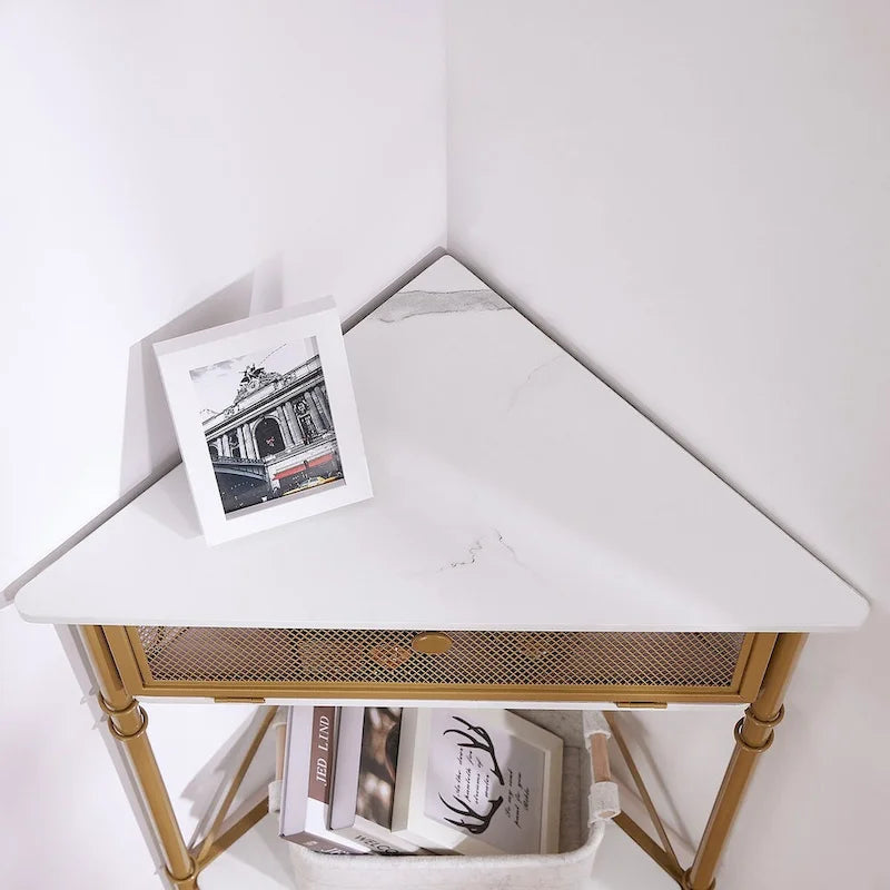 Javlergo Corner Table with Drawer and Storage Shelf, Triangle Freestanding Floor Cabinet for Kitchen, Living Room and Bedroom