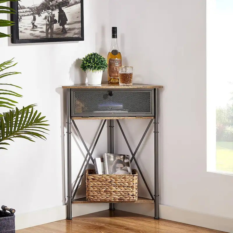 Javlergo Corner Table with Drawer and Storage Shelf, Triangle Freestanding Floor Cabinet for Kitchen, Living Room and Bedroom