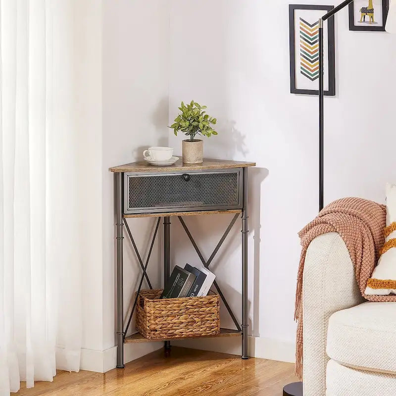 Javlergo Corner Table with Drawer and Storage Shelf, Triangle Freestanding Floor Cabinet for Kitchen, Living Room and Bedroom