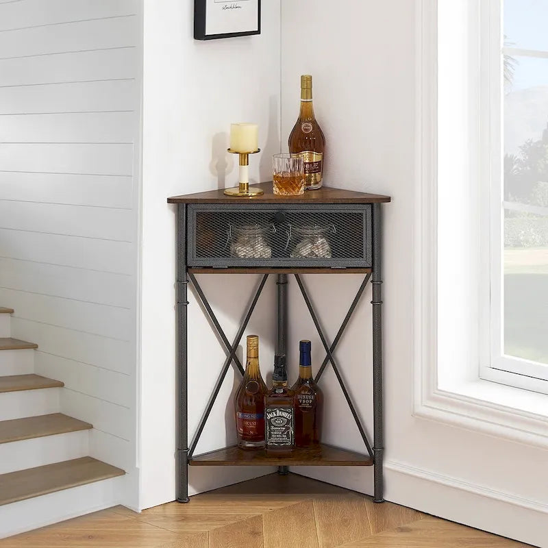 Javlergo Corner Table with Drawer and Storage Shelf, Triangle Freestanding Floor Cabinet for Kitchen, Living Room and Bedroom