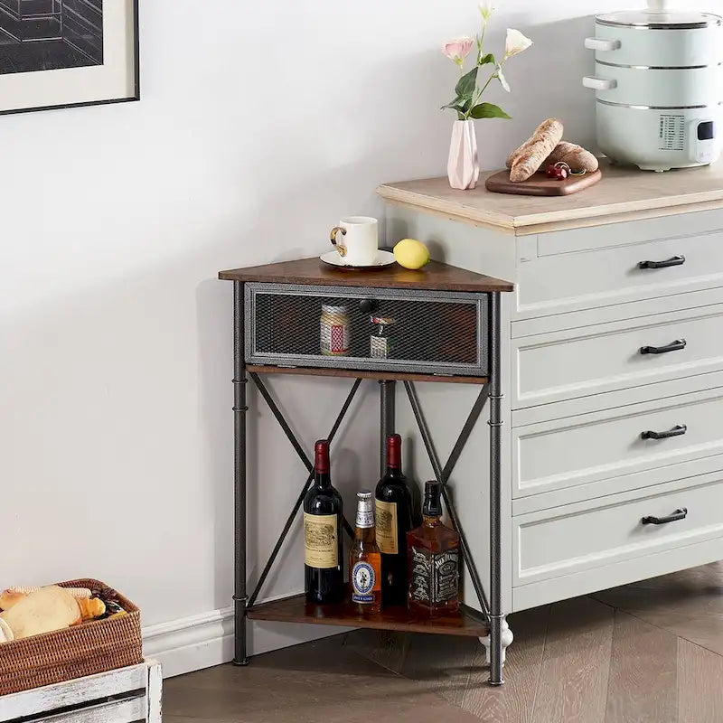 Javlergo Corner Table with Drawer and Storage Shelf, Triangle Freestanding Floor Cabinet for Kitchen, Living Room and Bedroom
