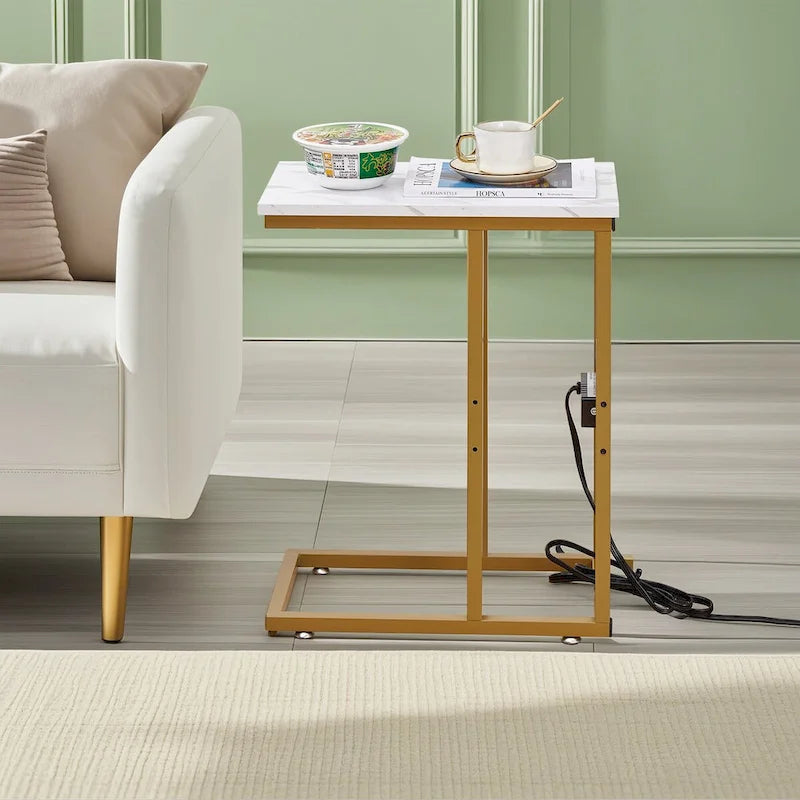 Javlergo C Shaped Side Table, Small End Table with USB Ports and Outlets for Small Spaces