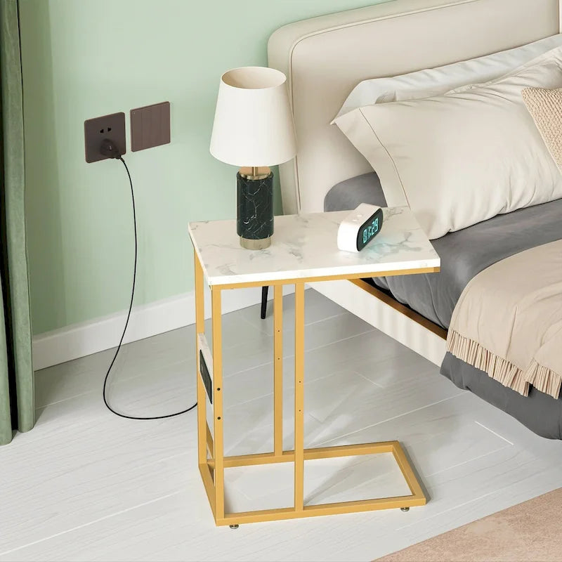 Javlergo C Shaped Side Table, Small End Table with USB Ports and Outlets for Small Spaces