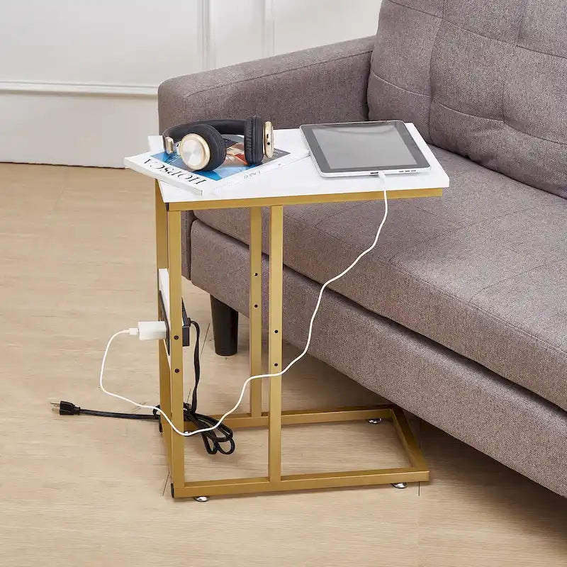 Javlergo C Shaped Side Table, Small End Table with USB Ports and Outlets for Small Spaces