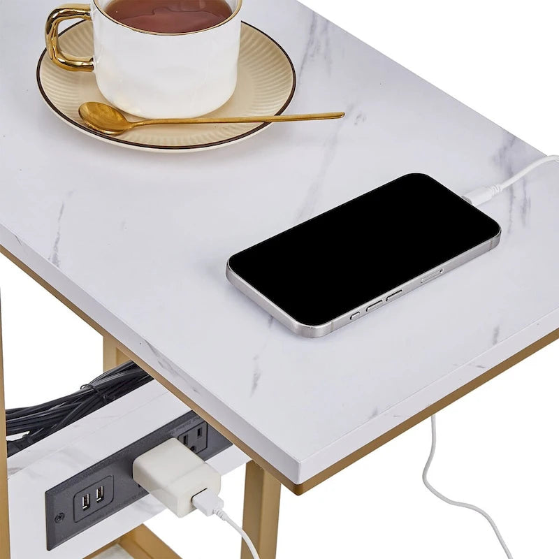 Javlergo C Shaped Side Table, Small End Table with USB Ports and Outlets for Small Spaces