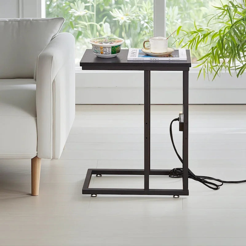 Javlergo C Shaped Side Table, Small End Table with USB Ports and Outlets for Small Spaces