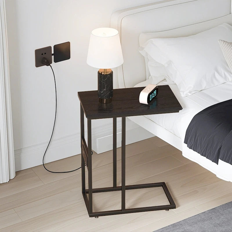 Javlergo C Shaped Side Table, Small End Table with USB Ports and Outlets for Small Spaces
