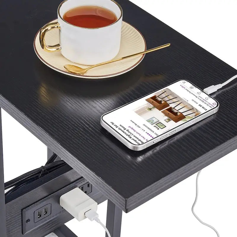 Javlergo C Shaped Side Table, Small End Table with USB Ports and Outlets for Small Spaces