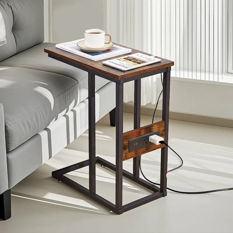 Javlergo C Shaped Side Table, Small End Table with USB Ports and Outlets for Small Spaces