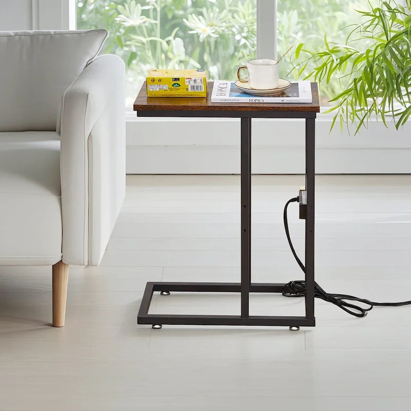 Javlergo C Shaped Side Table, Small End Table with USB Ports and Outlets for Small Spaces