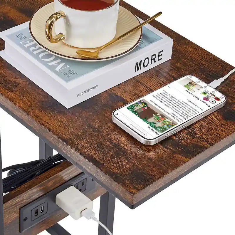 Javlergo C Shaped Side Table, Small End Table with USB Ports and Outlets for Small Spaces