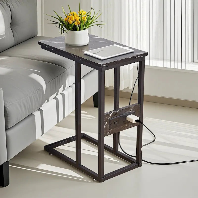 Javlergo C Shaped Side Table, Small End Table with USB Ports and Outlets for Small Spaces