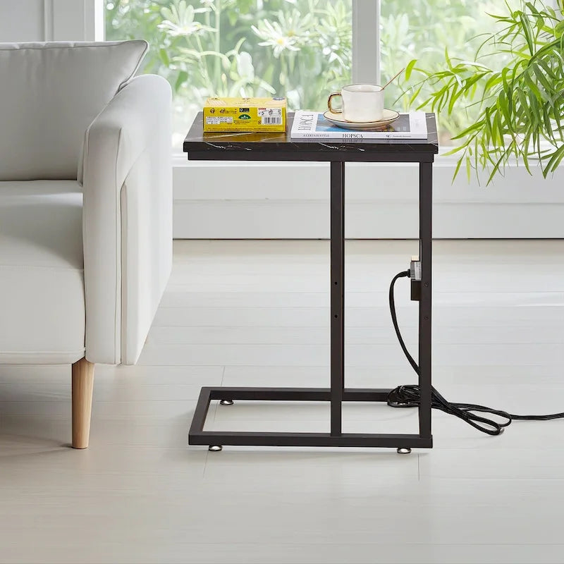 Javlergo C Shaped Side Table, Small End Table with USB Ports and Outlets for Small Spaces