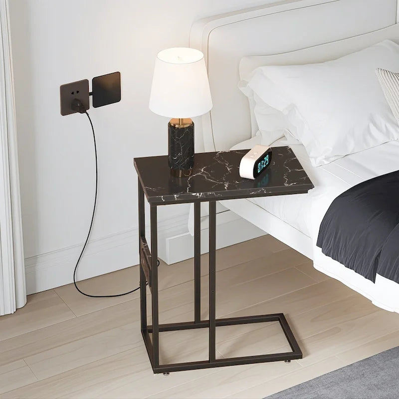 Javlergo C Shaped Side Table, Small End Table with USB Ports and Outlets for Small Spaces