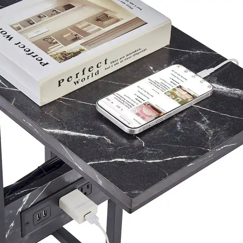 Javlergo C Shaped Side Table, Small End Table with USB Ports and Outlets for Small Spaces