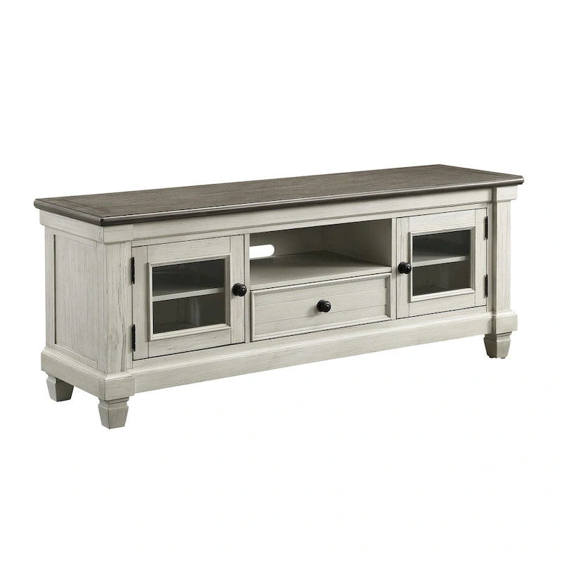 Rome 64 Inch TV Media Entertainment Console, White, Brown, Solid Wood