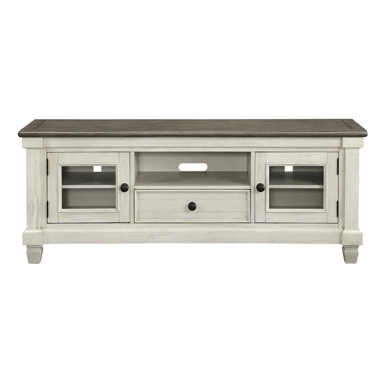 Rome 64 Inch TV Media Entertainment Console, White, Brown, Solid Wood