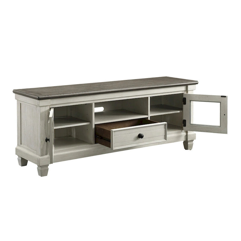 Rome 64 Inch TV Media Entertainment Console, White, Brown, Solid Wood
