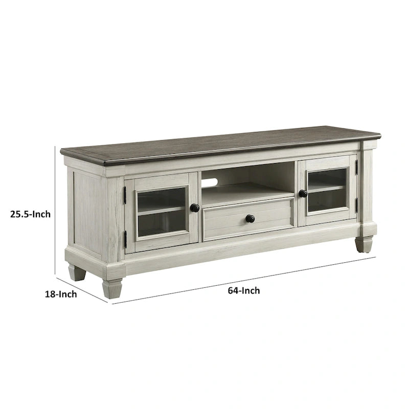 Rome 64 Inch TV Media Entertainment Console, White, Brown, Solid Wood
