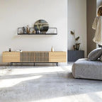 Stylish mid-century modern TV stand for up to 80 TVs. Ample storage for media devices, cable management. easy assembly.