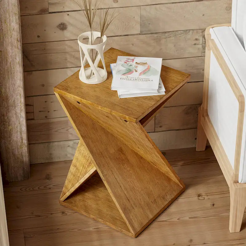 COZAYH Farmhouse End Table Square Solid Wood Side Table Rustic Plant Stand With Twisted Design, Natural Wood, Black