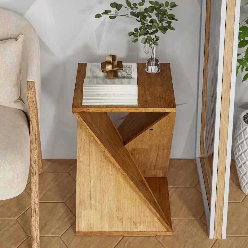 COZAYH Farmhouse End Table Square Solid Wood Side Table Rustic Plant Stand With Twisted Design, Natural Wood, Black