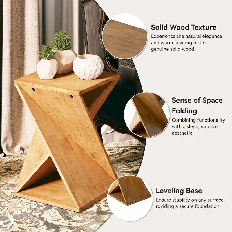 COZAYH Farmhouse End Table Square Solid Wood Side Table Rustic Plant Stand With Twisted Design, Natural Wood, Black